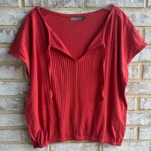 PRANA Short Sleeve Tie Neck Pintuck Front Cotton Blend T-Shirt Women's Size L